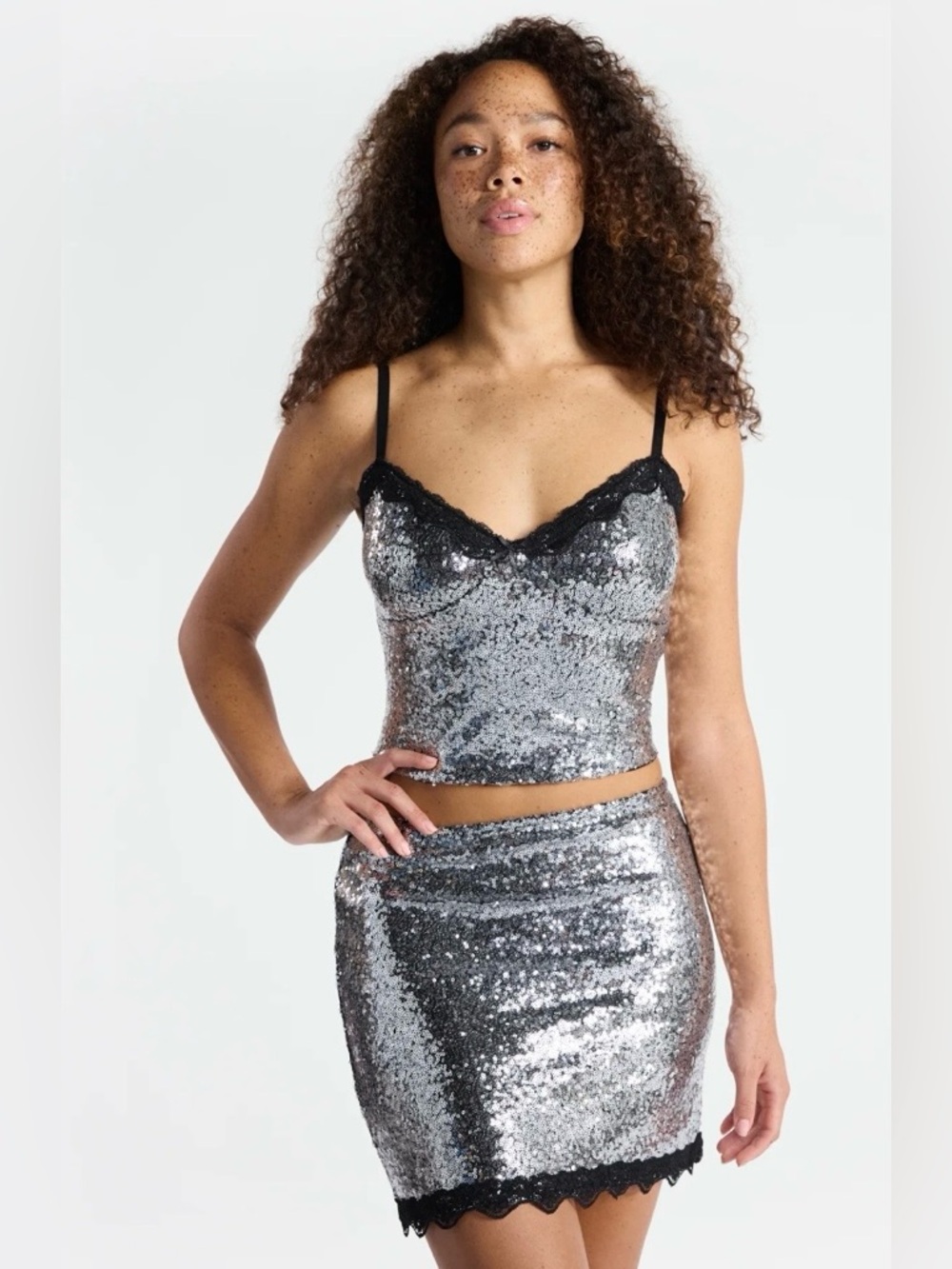 Silver Sequin Crop Top and Skirt Set